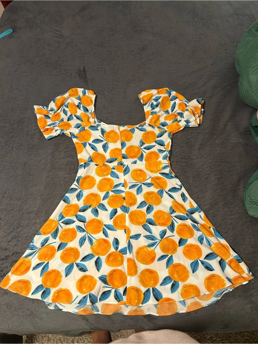 White Dress with Orange Fruit Print and Blue Leaves